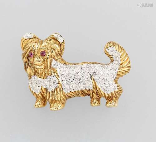 18 kt gold brooch 'dog' with brilliants and rubies