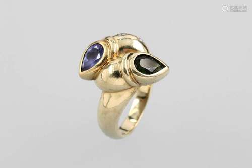 14 kt gold ring with tanzanite and tourmaline