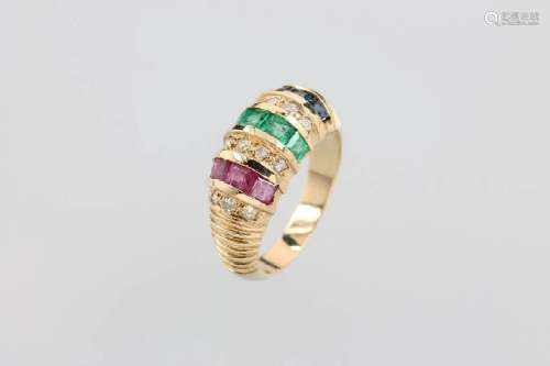 14 kt gold ring with coloured stones and diamonds