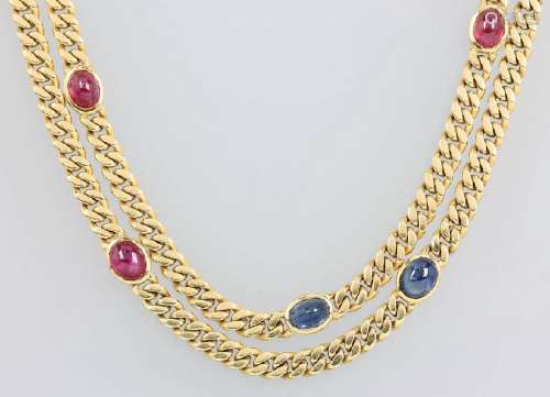 18 kt gold curb chain with coloured stones