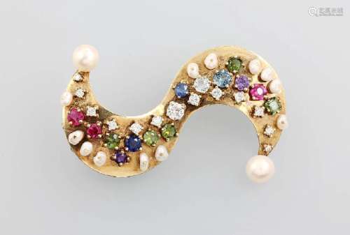 14 kt gold brooch with coloured stones and brilliants