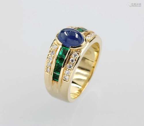 18 kt gold ring with sapphire, tsavorites and