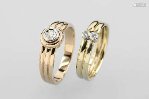 Lot 2 14 kt gold rings with brilliants