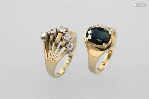 Lot 2 rings, YG 585/000, 1 x with oval- bevelled