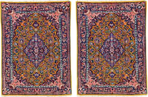 A Pair Of Yellow Grounded Kurk Kashan 'Rugs',