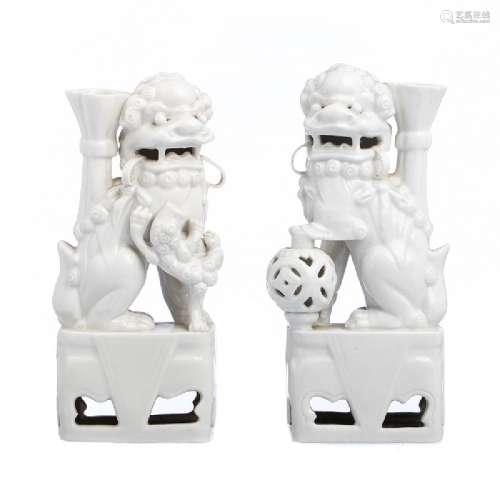 Pair of Chinese Blanc de Chine incense holder Foo dogs