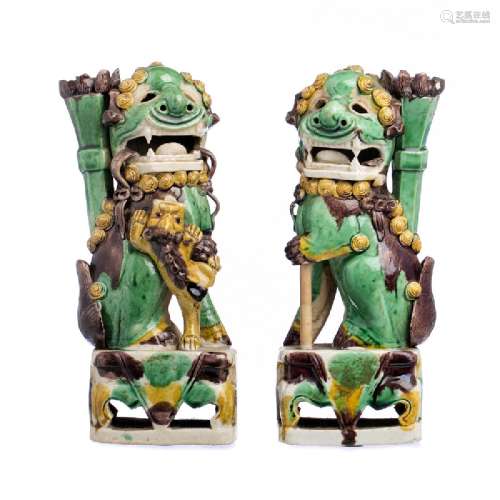Pair of Chinese Sancai glazed incense holder Foo dogs