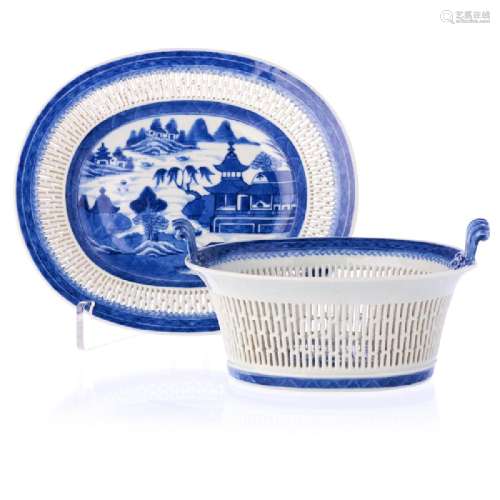 A Chinese blue and white pierced basket on stand,