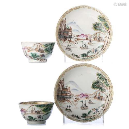 Chines porcelain Meissen style pair of Teacups and