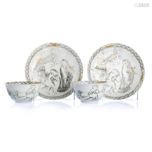 Chinese Porcelain grisaille 'Dog Training' Pair of