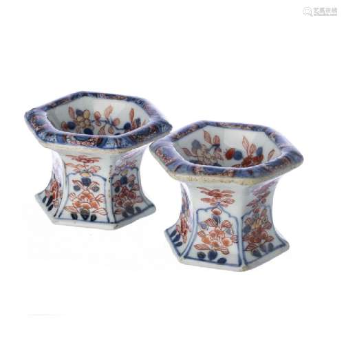 Pair of Chinese porcelain imari salt cellars, Kangxi