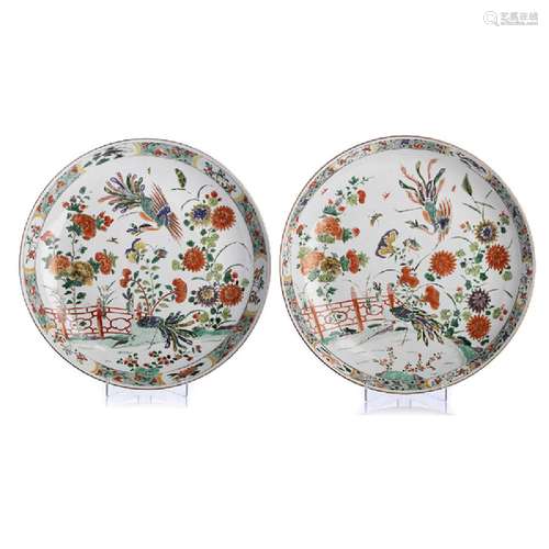 Pair of Large Famille Verte Chinese Porcelain Chargers,