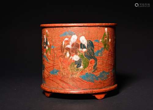 A PAINTED RED-LACQUER BRUSHPOT , Qing Dynasty