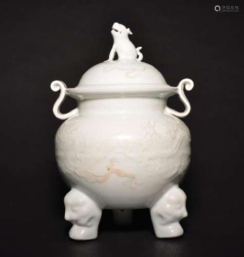A CARVED WHITE-GLAZED DRAGON CENSER AND COVER , Qing