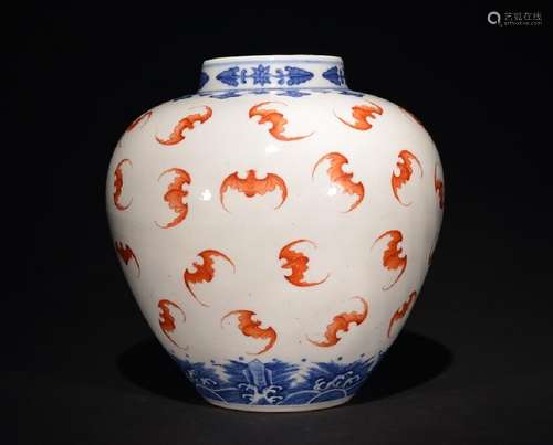 A BLUE AND WHITE COPPER-RED JAR , Qing Dynasty