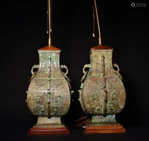 A PAIR OF BRONZE RITUAL WINE VESSELS , Shang style