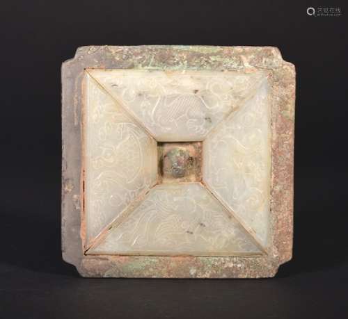 A WHITE JADE -INLAID BRONZE MIRROR , Han Dynasty