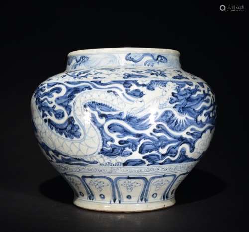 A LARGE BLUE AND WHITE DRAGON JAR , Yuan Dynasty