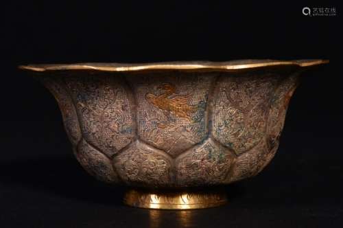 A CARVED GOLD-INLAID SILVER BOWL , Tang Dynasty