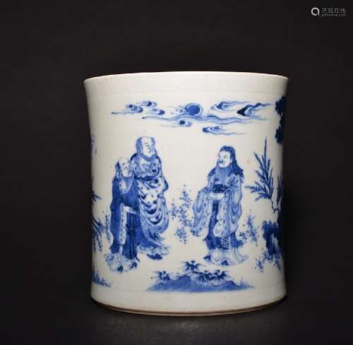 A BLUE AND WHITE BRUSHPOT .BITONG , Qing Dynasty