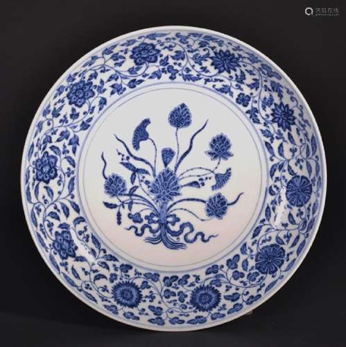 A BLUE AND WHITE LOTUS DISH , Qing Dynasty