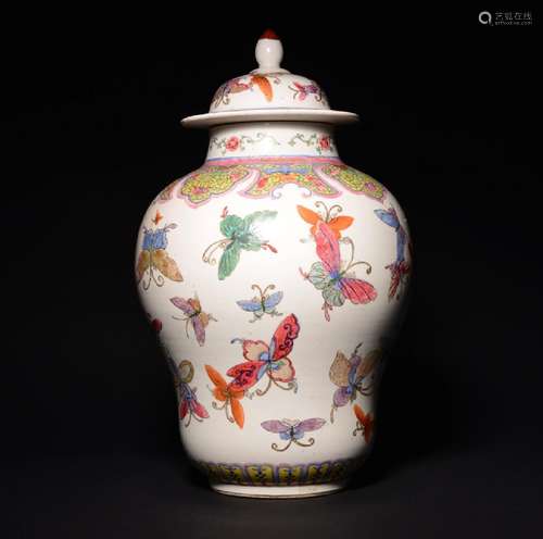 A FAMILLE-ROSE BUTTERFLY JAR AND COVER , Qing Dynasty