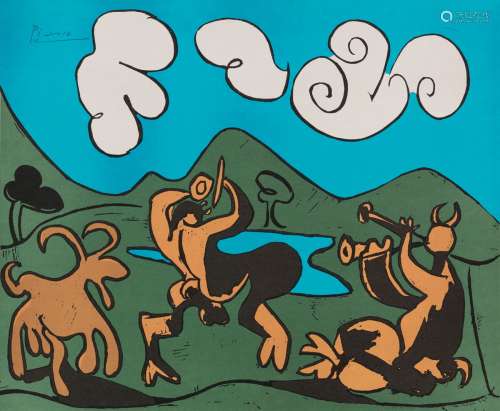 巴勃罗·毕加索 两个半羊人和山羊 纸本　版画