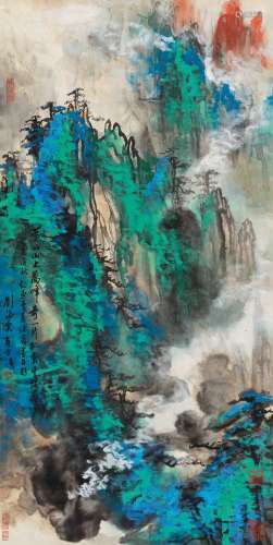 刘海粟 1983年作 泼彩山水・一片孤云千树低 立轴 设色纸本
