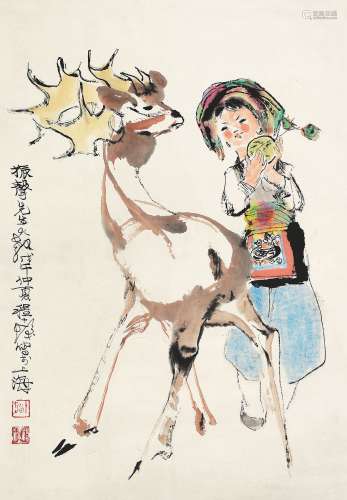 程十发 1978年作 少女与鹿 立轴 设色纸本