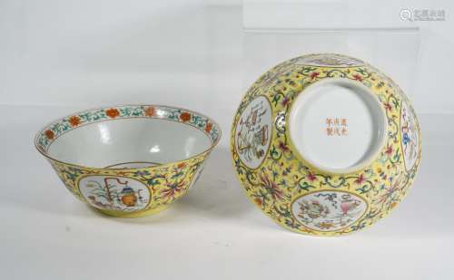 PAIR OF CHINESE YELLOW GROUND FAMILLE ROSE BOWLS