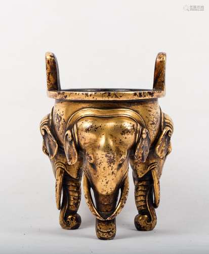 CHINESE GILT BRONZE ELEPHANT TRIPOD CENSER