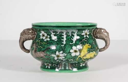 CHINESE SANCAI GLAZED ELEPHANT EAR PORCELAIN CENSE