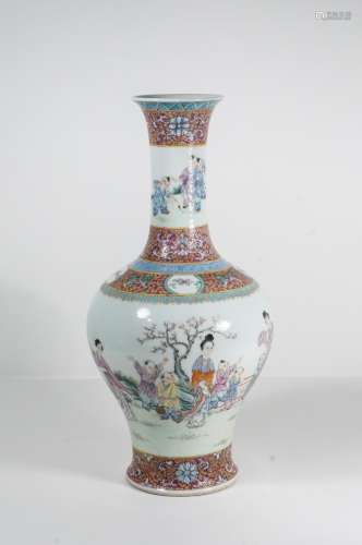 CHINESE FAMILLE ROSE LONG NECK VASE WITH MARK