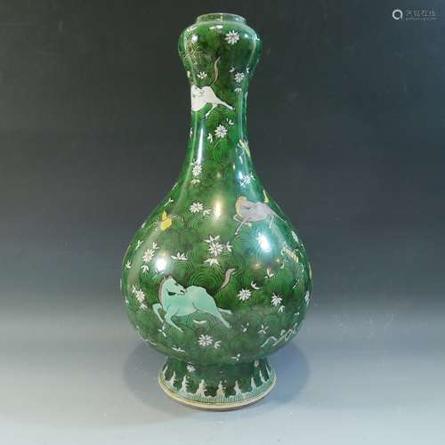 CHINESE ANTIQUE FAMILLE VERTE SANCAI PROCELAIN GARLIC VASE 19TH CENTURY