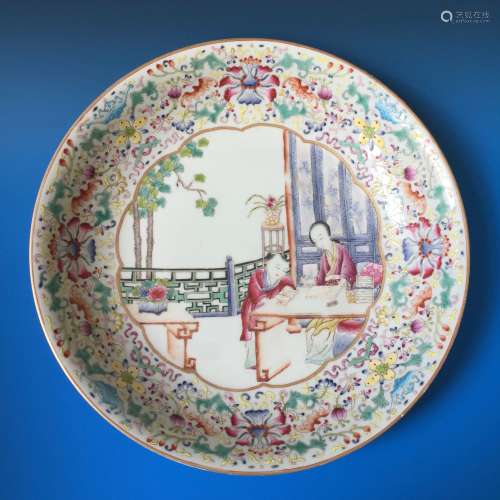 CHINESE ANTIQUE FAMILL ROSE PORCELAIN PLATE, MARKED.