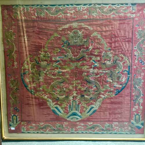 A FINE DRAGON CHINESE ANTIQUE EMBROIDERED PANEL