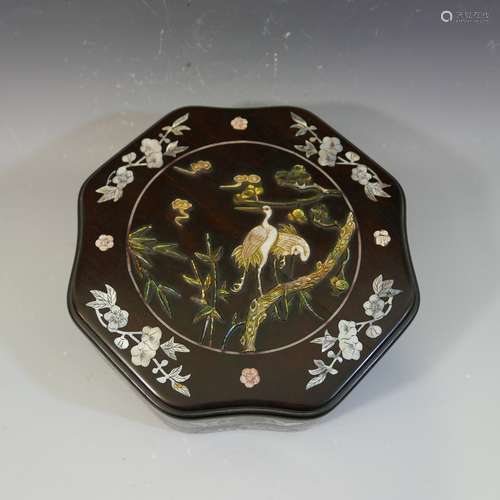 ANTIQUE CHINESE INLAID OCTAGONAL ZITAN WOOD BOX - 18/19TH CENTURY