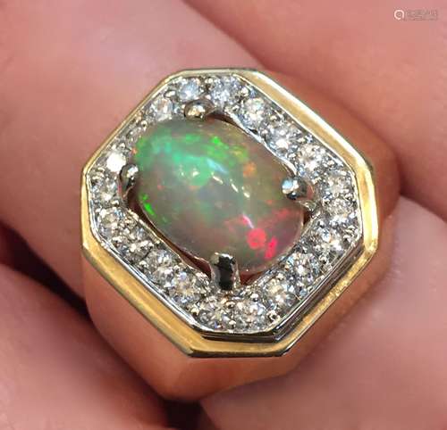 14K YELLOW GOLD OPAL AND DAMOND RING