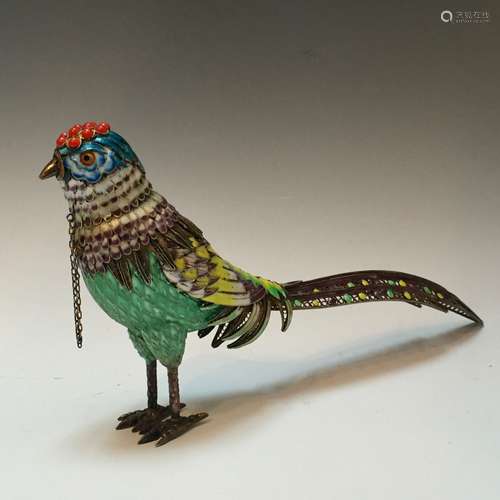 CHINESE ENAMEL STONE SILVER GILT BIRD