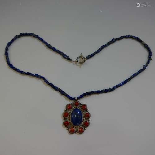 TIBETAN CHINESE STERLING SILVER CORAL & LAPIS LAZULI PENDANT NECKLACE