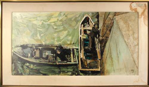 Aprian Dingle (1911-1974) 板面油画码头小船