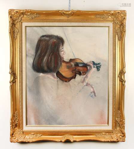 北美画家 Joanne Gervais 拉小提琴少女 板面油画