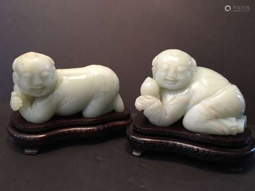 ANTIQUE Chinese Large Pair of White Jade Boys, late 19th Century. 6