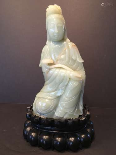 ANTIQUE Large Chinese Celadon White Jade Guanyin seating on a wood stand, Qing Dynasty. 12