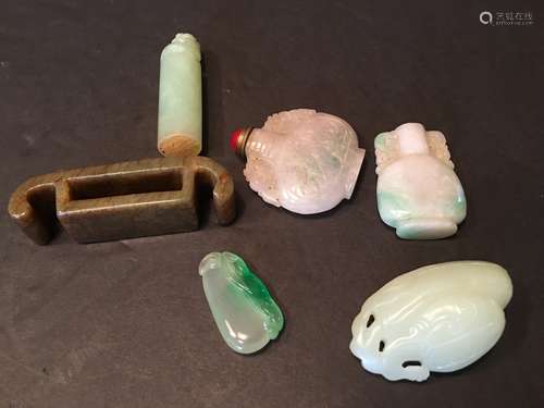 OLD Chinese Jade stamp, pendant, snuff bottles and Sword Rest. Largest 3 1/4