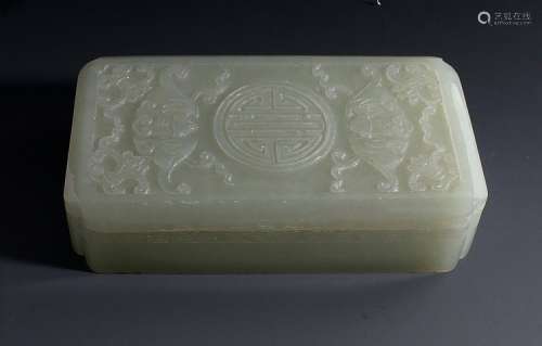 ANTIQUE Large Chinese White Jade Box with carvings, 19th Century. 4 1/4