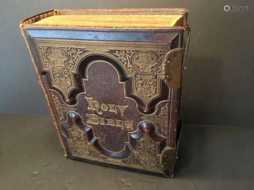ANTIQUE Holy bible with Brass Clasps and gilt page edge, Ca 1870-1890. 13 1/4 x 10 1/2 x 4 1/4