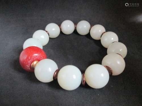 OLD Chinese White Jade Bracelet with 12 Beads with Agate bead (dia 1.8 cm),   jade bead dia. 1.6 cm