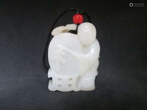 OLD Chinese White Jade Pendant with Boy hitting a drum, 6.5 cm x 5 cm x 1.8 cm