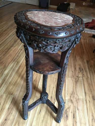 ANTIQUE Chinese high wood and mable Round top stand with three legs, 19th Century. 30